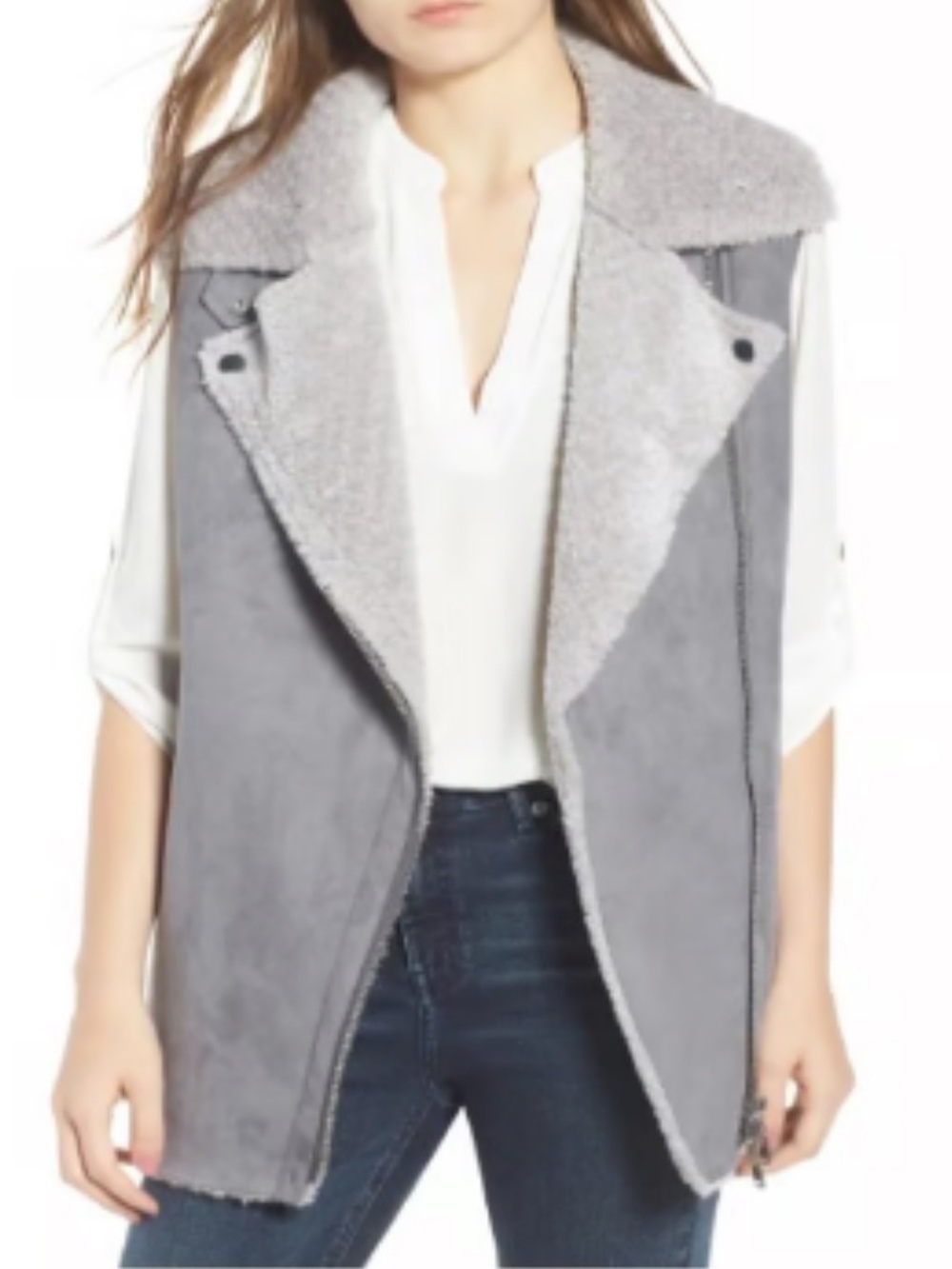 Love Token Suede-Like Faux Fur Shearling Vest, Gray, Sz XL
